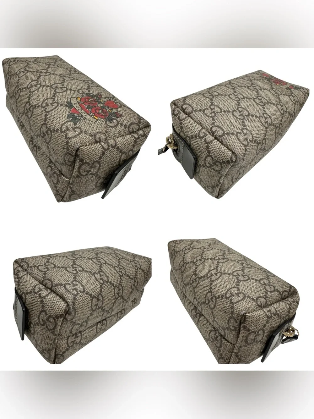 Gucci Tan GG Supreme Web Canvas with Roses Heart Tattoo Zippered Pouch